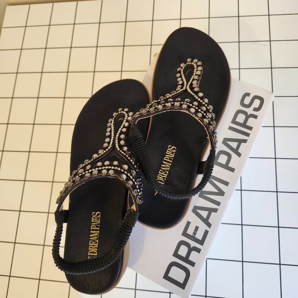 DREAM PAIRS Women's Comfy Dressy Flat Sandals Rhinestone Elastic T-Strap Thong